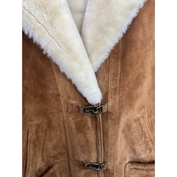 Gallery Tan Leather Faux Shearling Hooded Coat Women's L Oversized Toggle Style - Picture 4 of 9
